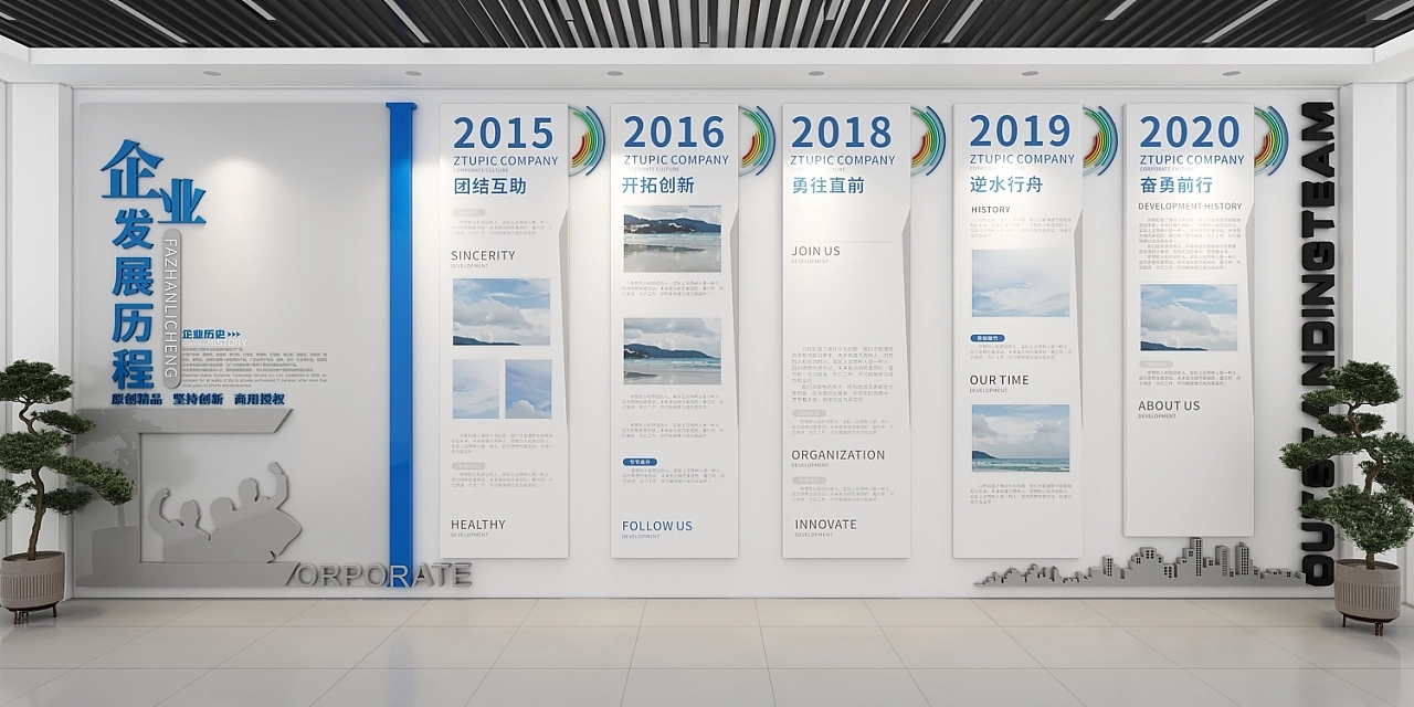 企業(yè)發(fā)展歷程藍色文化墻設(shè)計制作